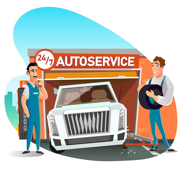 Equipe de mecânico de automóveis, trocar pneu na roda dos desenhos animados