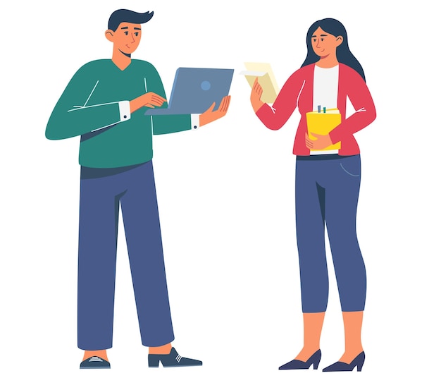 Equipe de negócios aplaudindo Homem e uma mulher com laptops e papéis conferem Conceito de interação de relações sociais saudáveis Equipes definidas Ilustrações vetoriais desenhadas à mão isoladas no fundo branco