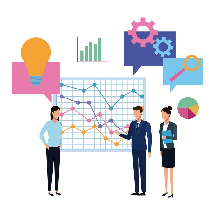 Vetor equipe de negócios apresentando diagrama dos desenhos animados