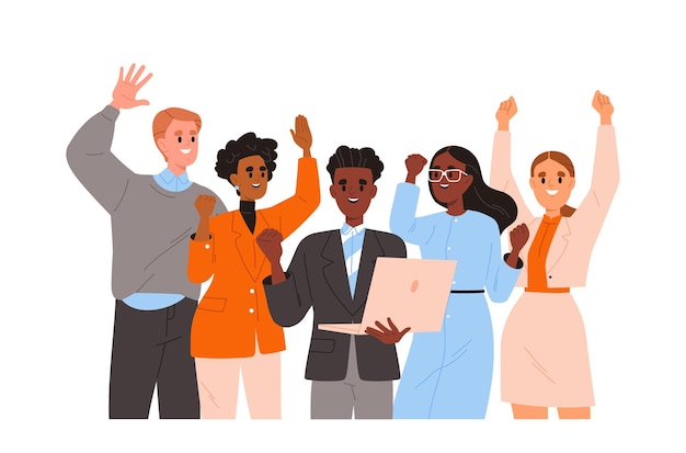 Equipe de negócios celebra sucesso Mulheres e homens felizes trabalhadores de escritório em ternos Realização corporativa Colegas e parceiros funcionários Ilustração vetorial plana