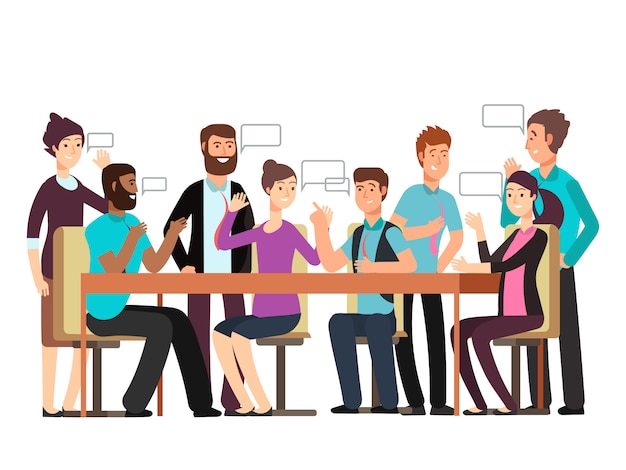Equipe de negócios de personagem de desenho animado ter conversa. Mulher e homem na reunião da manhã