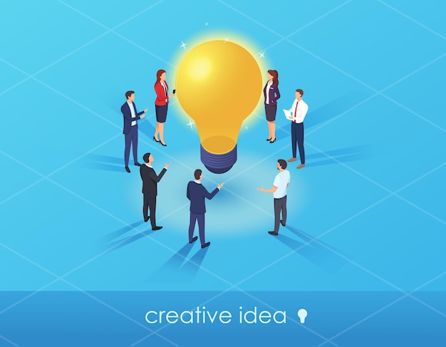 Equipe de negócios discutindo ideia criativa perto de uma ilustração vetorial de lâmpada brilhante