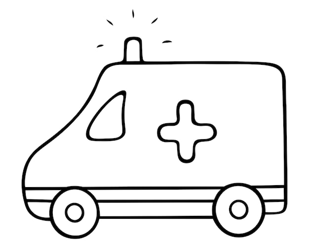 Equipe de paramédicos de ambulância um carro com uma luz piscando vai para a chamada estilo sketch doodle