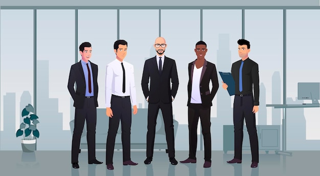 Vetor equipe de personagens de empresários no escritório vestindo ternos trabalho em equipe ilustração do conceito