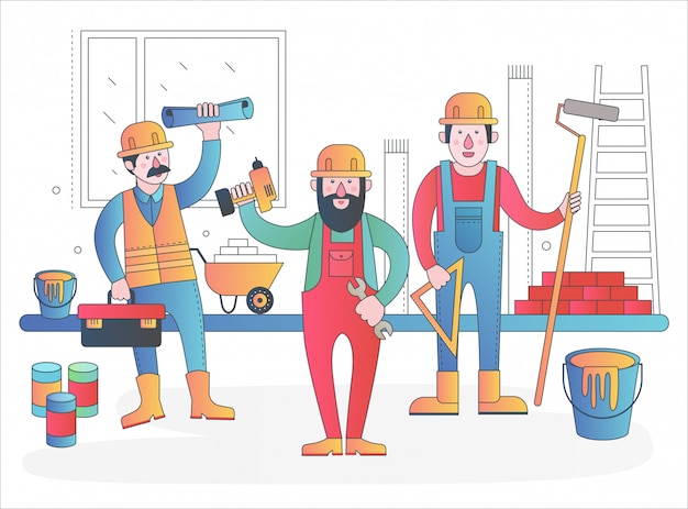 Vetor equipe de personagens de trabalhadores domésticos. trabalhadores amigáveis em uniforme de trabalho juntos. ilustração moderna linha plana gradiente.