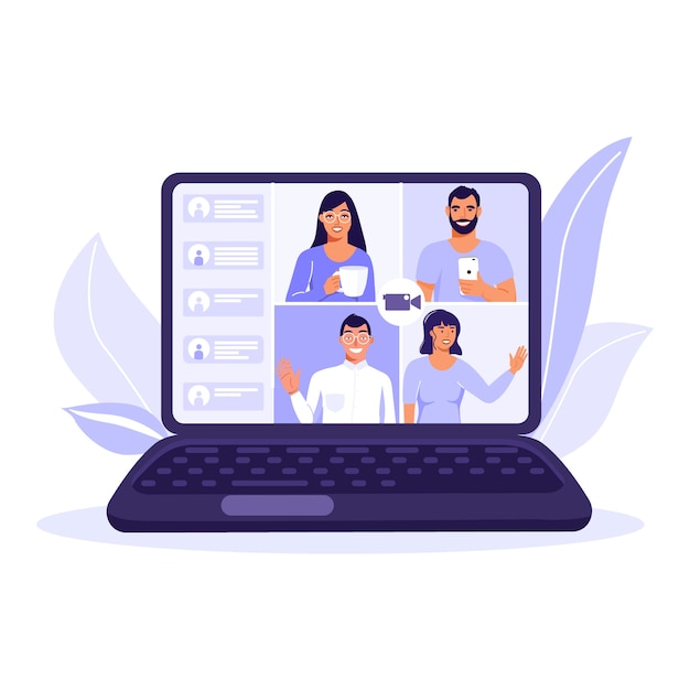 Equipe de pessoas na tela do computador, conversando. Chat de vídeo.