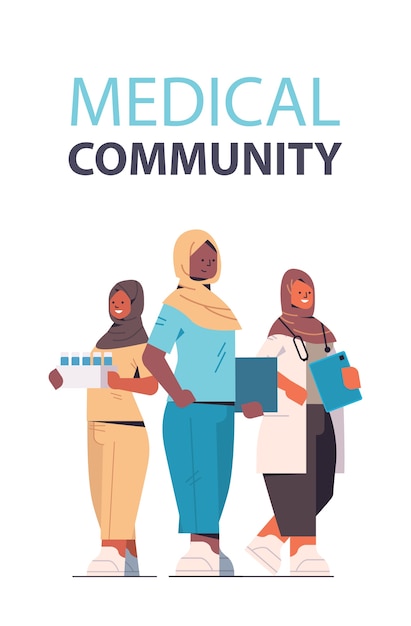 Equipe de profissionais médicos árabes médicas árabes em uniforme permanente juntos medicina conceito de saúde ilustração vetorial de corpo inteiro vertical