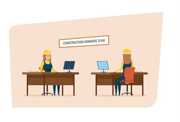 Equipe de trabalhadores de engenheiros de construção personagem feminina trabalhando no escritório