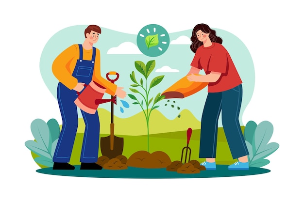 Equipe de voluntários plantando árvores no parque Conceito de ilustração em fundo branco