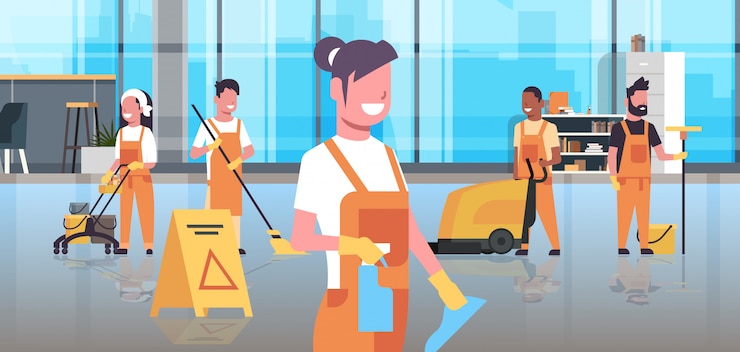 Vetor equipe de zeladores serviço de limpeza equipe de limpeza de uniforme trabalhando em conjunto com equipamentos profissionais centro de trabalho moderno escritório interior