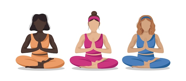 Equipe esportiva de mulheres sem rosto sentadas em postura de lótus yoga asana saúde mental tempo para você