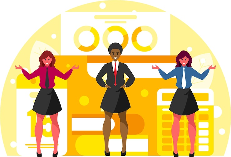 Vetor equipe feminina de negócios trabalho com documentos empresária com as mãos no cinto