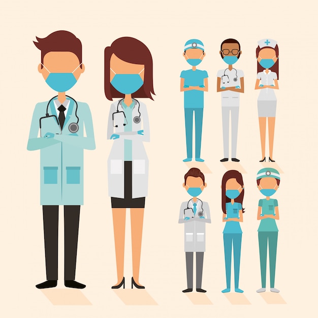 Equipe médica com caracteres de máscaras faciais