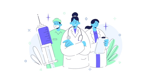 Vetor equipe médica de duas mulheres e homens desenhados à mão ilustração vetorial plana para tecnologia médica