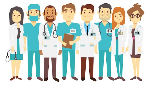 Equipe médica em pé juntos Médicos de desenho animado e enfermeiras