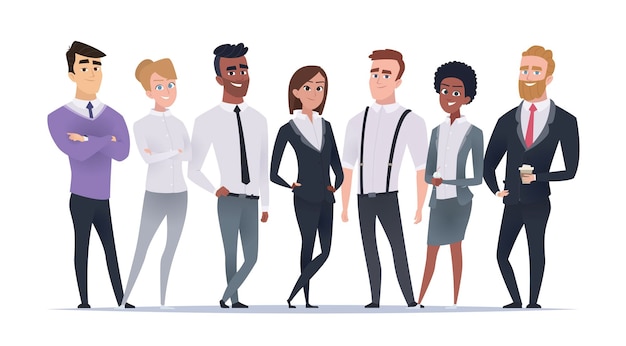 Equipe multinacional de negócios Gerentes de trabalho em roupas casuais personagens étnicos em ilustrações de desenhos animados vetoriais exatos do escritório Equipe multinacional de trabalhadores de escritório