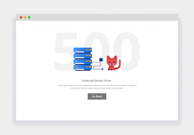 Erro 500. conceito moderno de design plano de gato desconectou o cabo do data center para o site. modelo de página de estados vazios