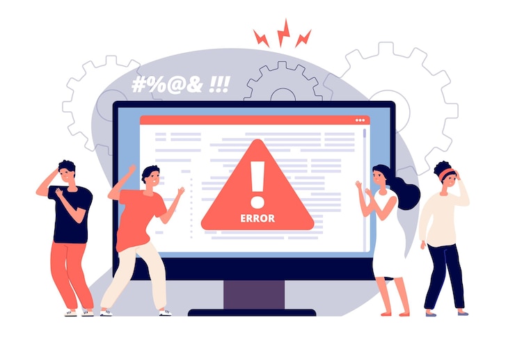 Vetor erro do computador. avisos aos usuários da página indisponíveis, alertas de símbolo de atenção do problema, clientes irritados perto do dispositivo monitor