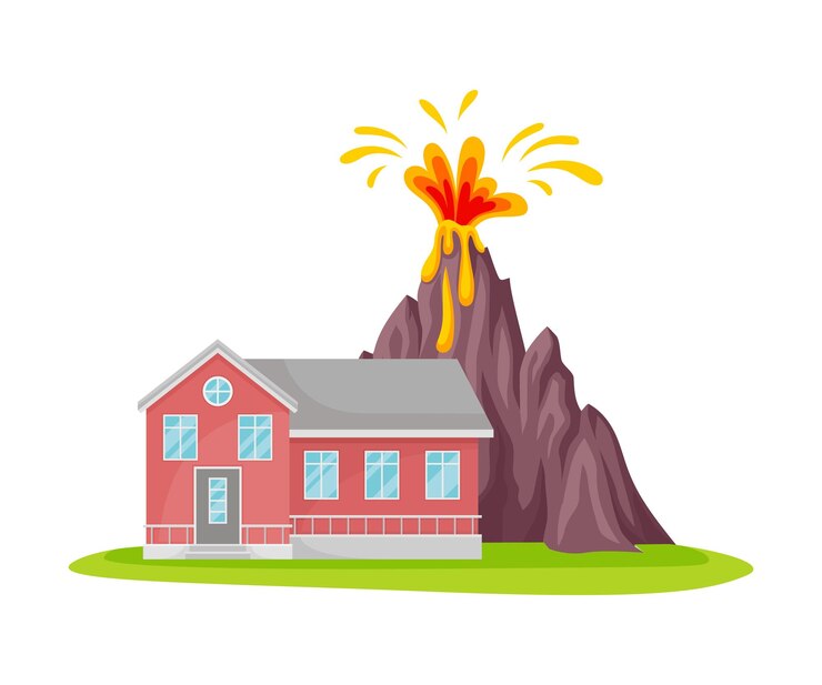 Vetor erupção de vulcão perto de uma casa residencial isolada em ilustração vetorial de fundo branco