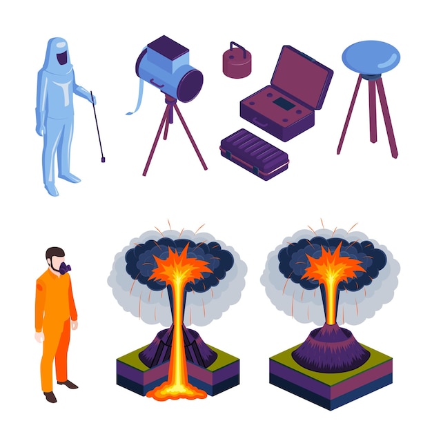 Erupções de vulcões e vulcanologistas em forma especial e conjunto de ícones coloridos de equipamentos