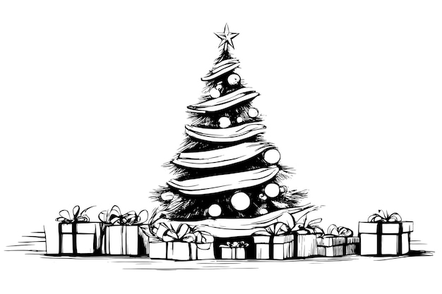 Vetor esboce a decoração de feliz natal com pinheiro de natal e ilustração vetorial de caixas de presente