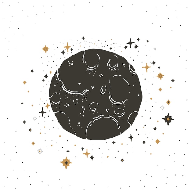 Vetor esboce a ilustração gráfica com símbolos místicos e ocultos. lua e estrelas à noite.