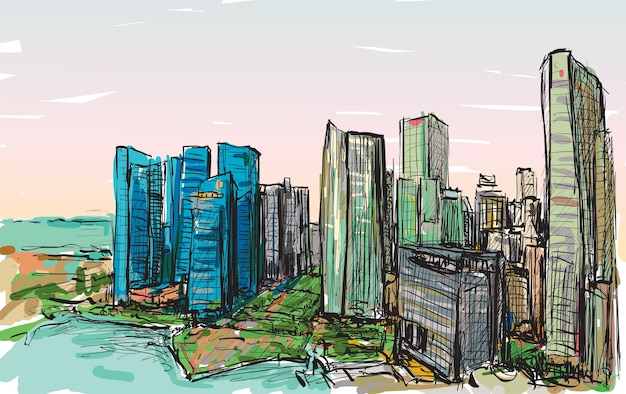 Esboce a paisagem urbana do edifício de singapura, desenho à mão livre