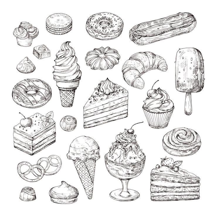 Vetor esboce a sobremesa. bolo, pastelaria e sorvete, torta de maçã e muffin em estilo vintage gravura. mão desenhada sobremesas de frutas isolado vector conjunto ilustração