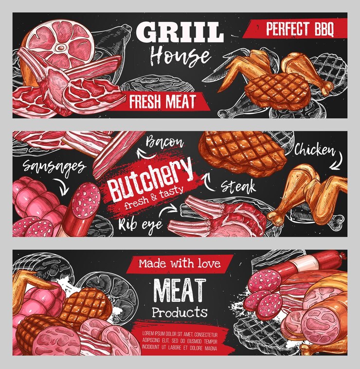 Vetor esboce banners carne de açougue e salsichas
