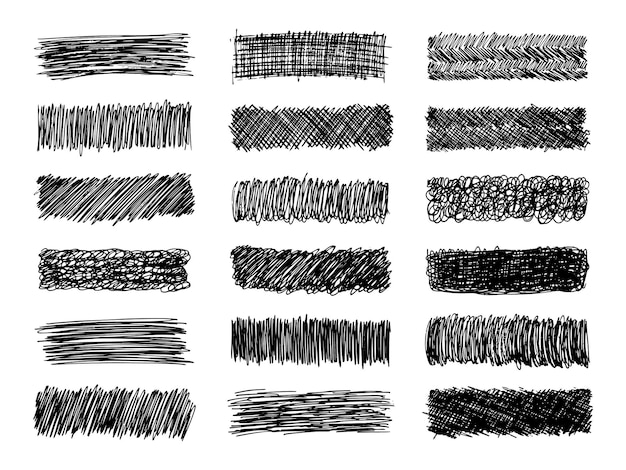 Esboce o esfregaço de rabisco. Conjunto de dezoito manchas de lápis preto na forma de um retângulo em fundo branco. Excelente design para qualquer finalidade. Ilustração vetorial.