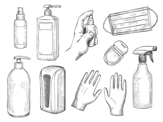 Esboce o frasco de desinfetante. equipamento de proteção pessoal. máscara médica, luvas, sabonete líquido e spray antibacteriano. conjunto de vetores de mão desenhada ppe. frasco de desinfetante de ilustração contra vírus