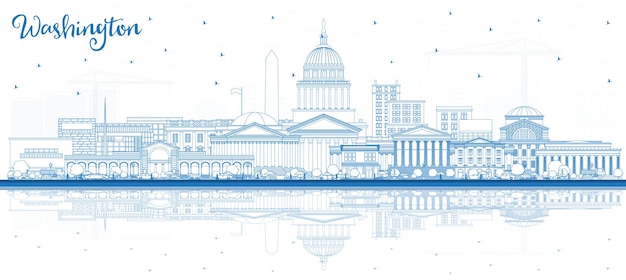 Esboce o horizonte da cidade de Washington DC EUA com edifícios e reflexões azuis