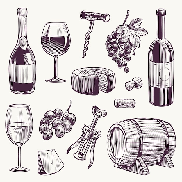Vetor esboce uma garrafa de vinho e taças de vinho, uva e barril de madeira