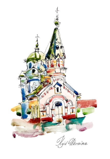 Vetor esboço à mão livre aquarela pintura da igreja em podol kyiv ucrânia obras de arte pleinair