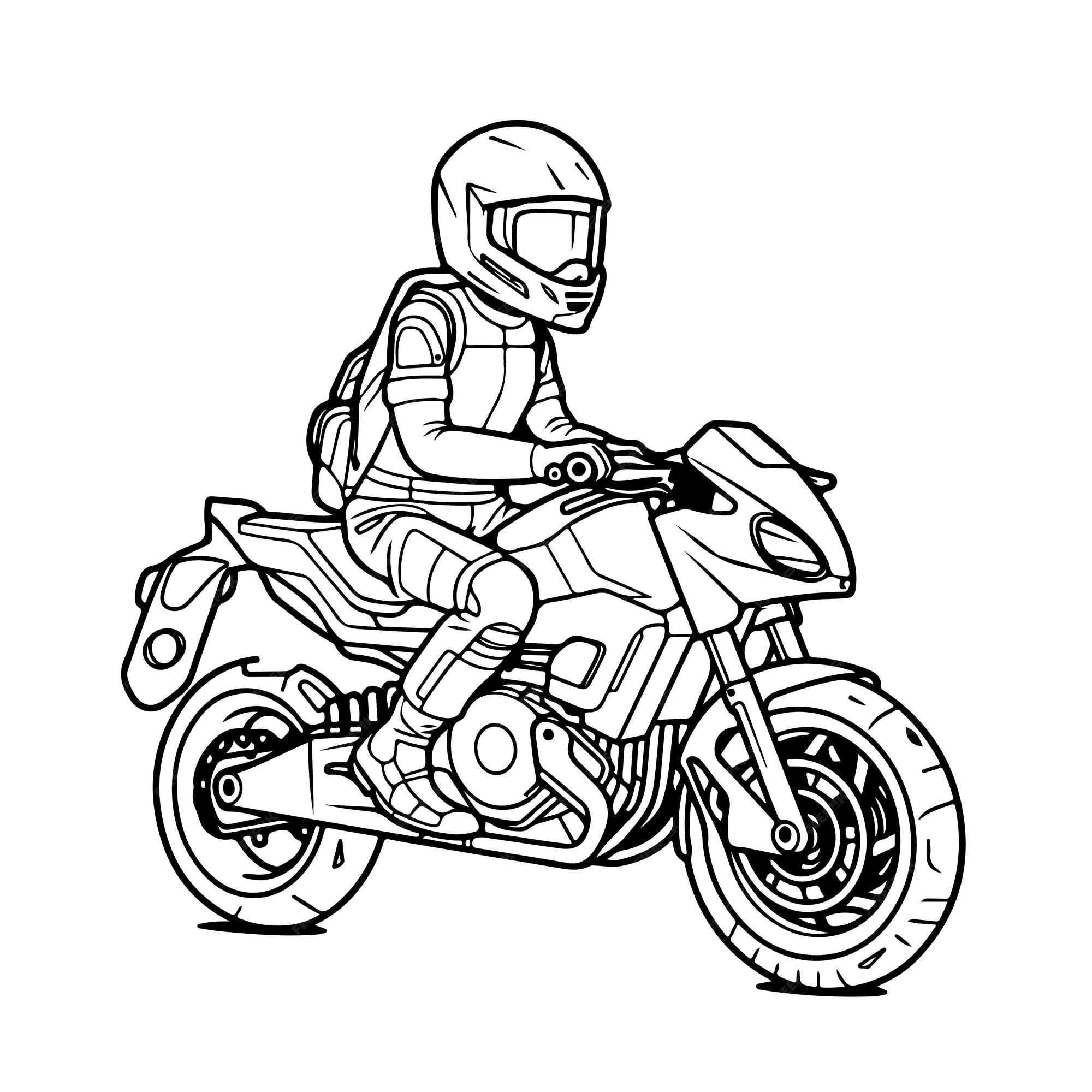 Esboço arte de linha única desenhada à mão página para colorir homem usa  motocicleta