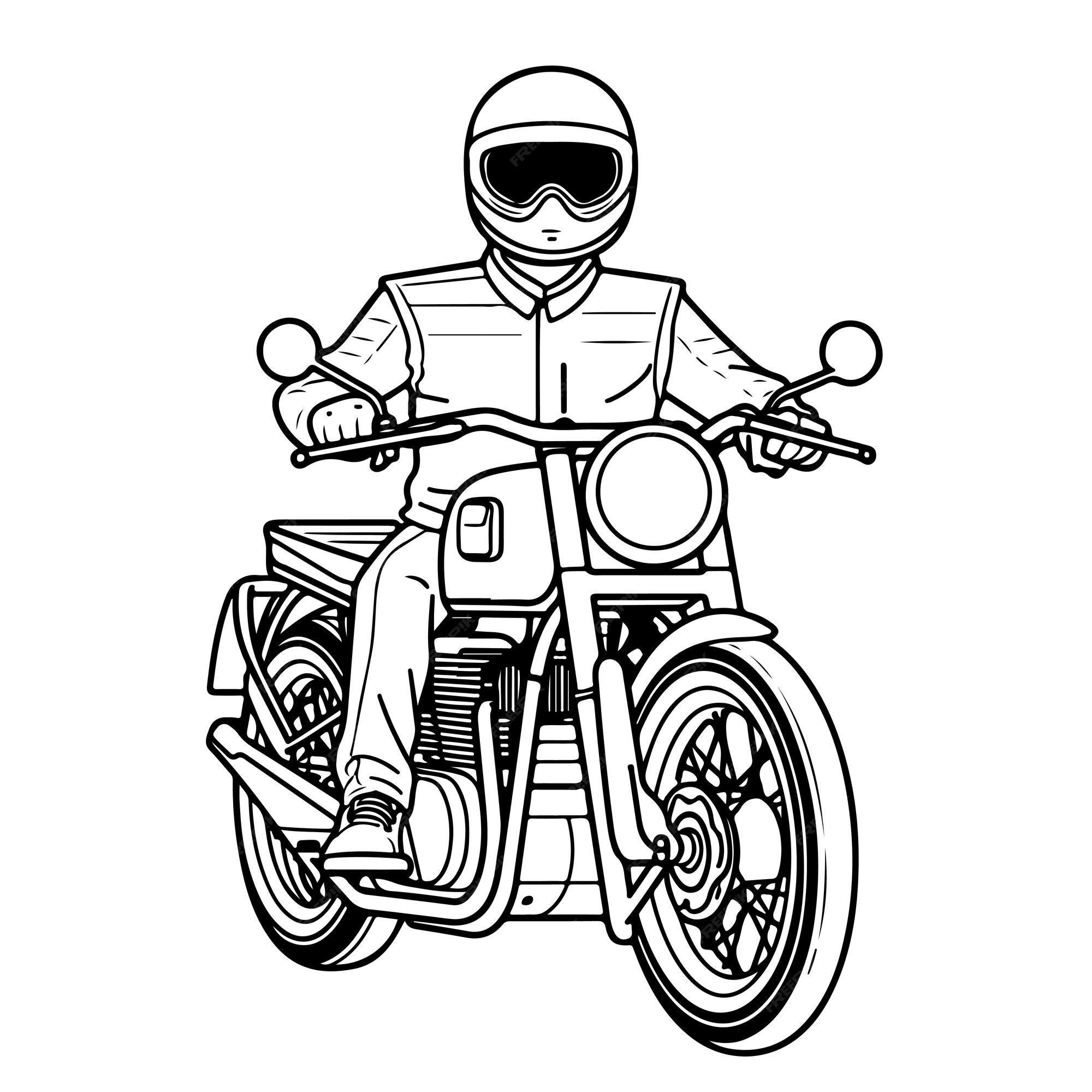 Esboço arte de linha única desenhada à mão página para colorir homem usa  motocicleta