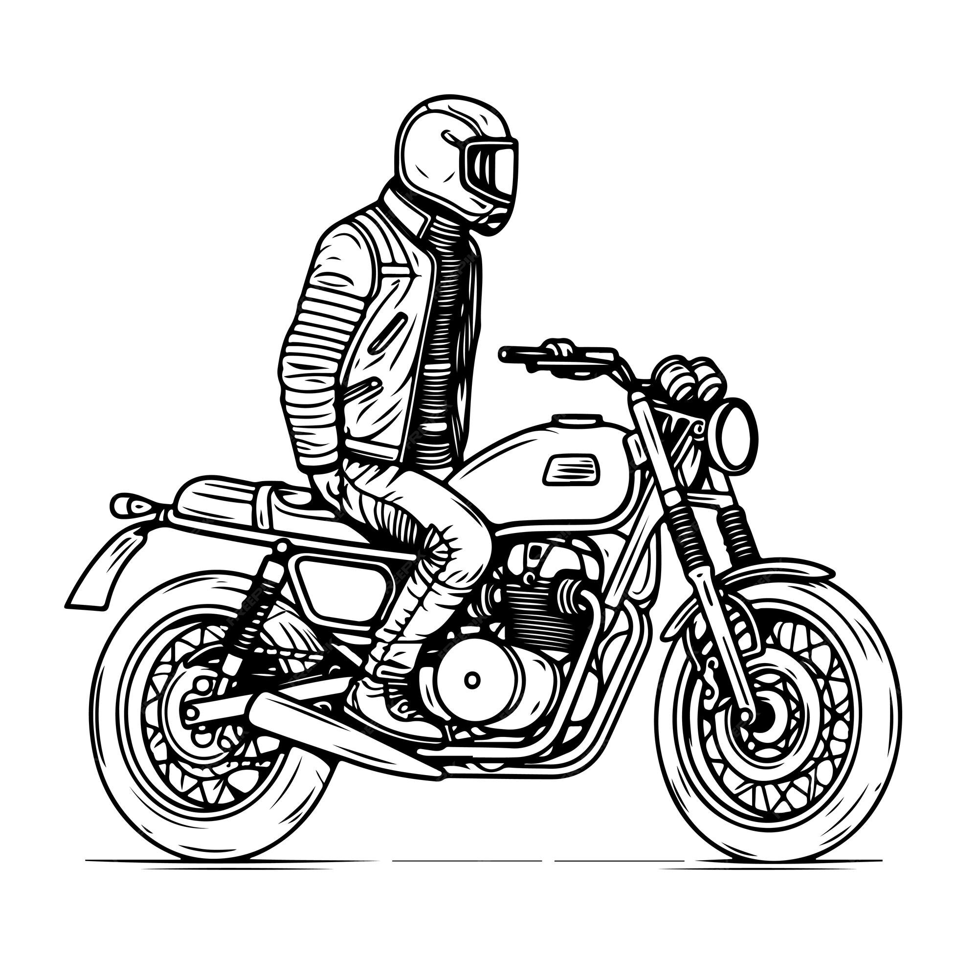 Esboço arte de linha única desenhada à mão página para colorir homem usa  motocicleta