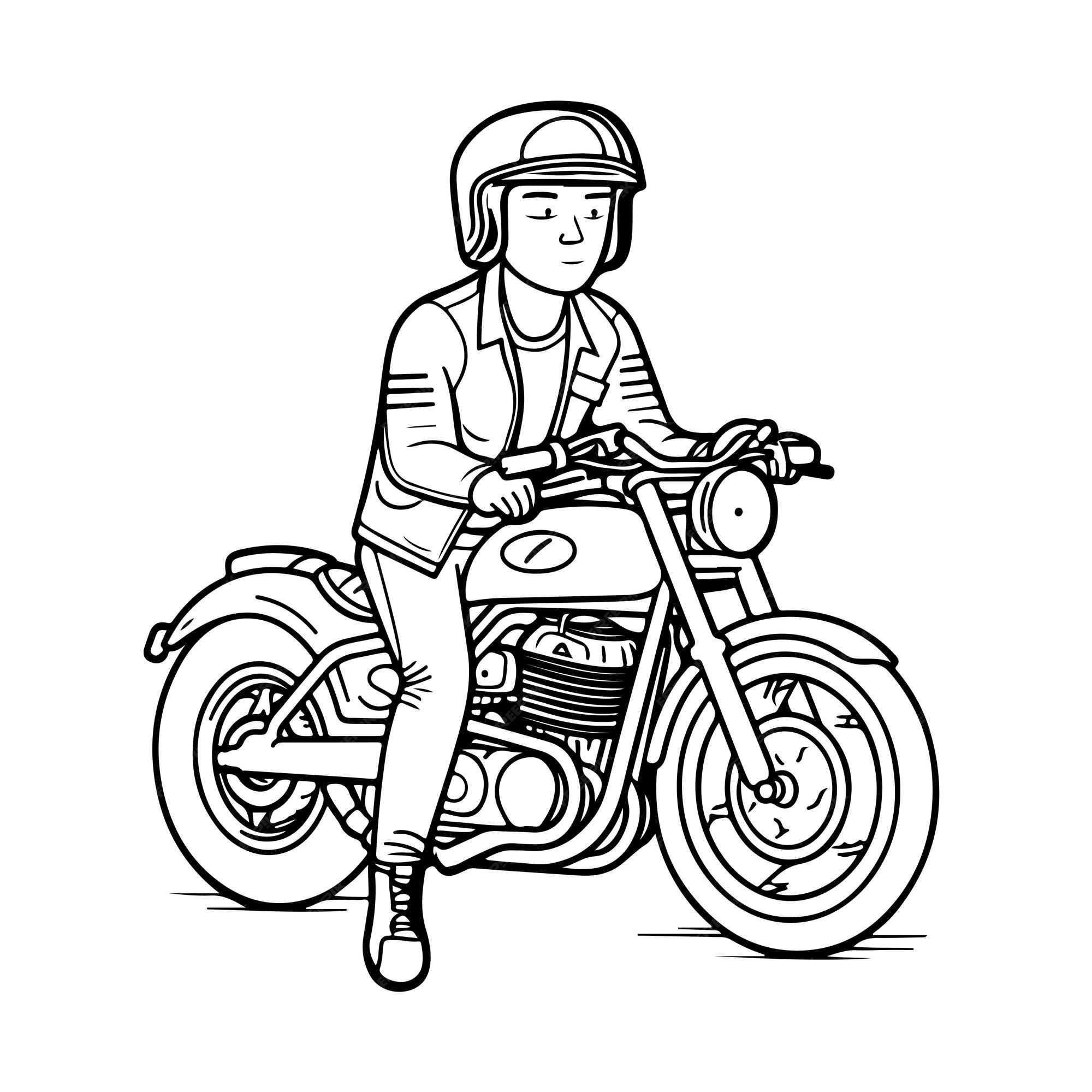 Esboço arte de linha única desenhada à mão página para colorir homem usa  motocicleta