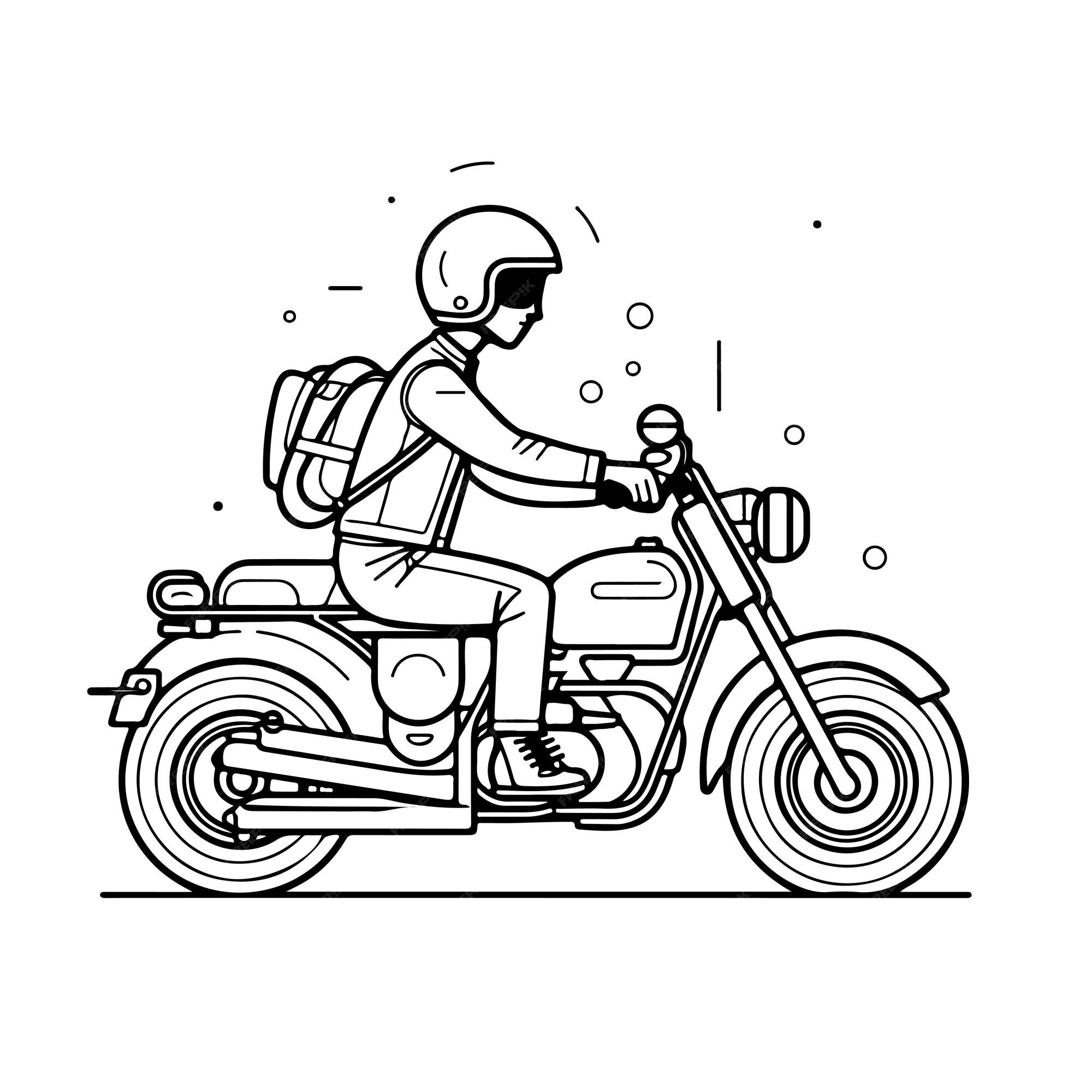 Esboço arte de linha única desenhada à mão página para colorir homem usa  motocicleta