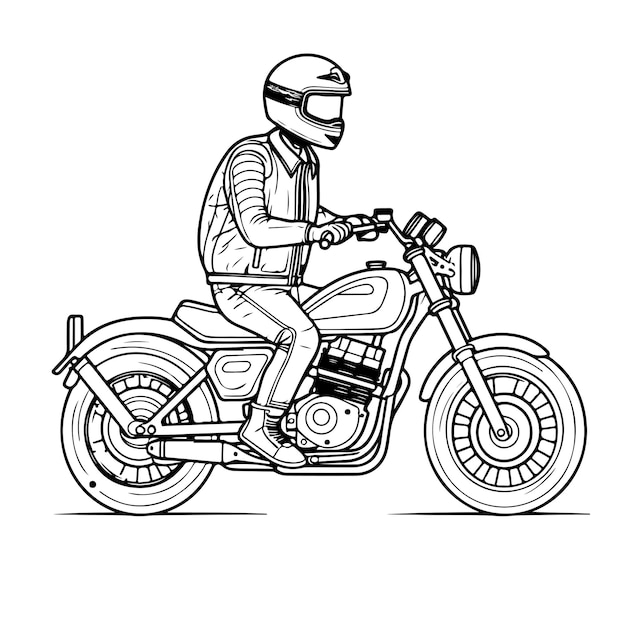 Vetor esboço arte de linha única desenhada à mão página para colorir homem usa motocicleta