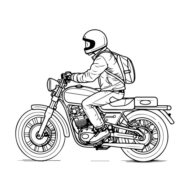 Esboço arte de linha única desenhada à mão página para colorir homem usa  motocicleta