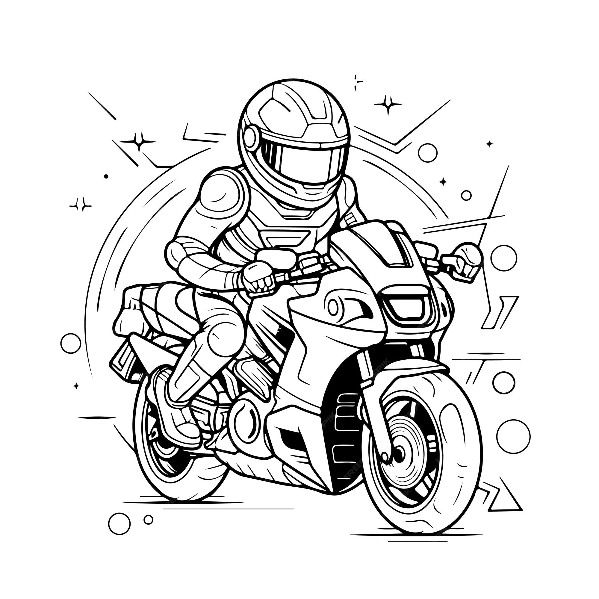 Esboço arte de linha única desenhada à mão página para colorir homem usa  motocicleta