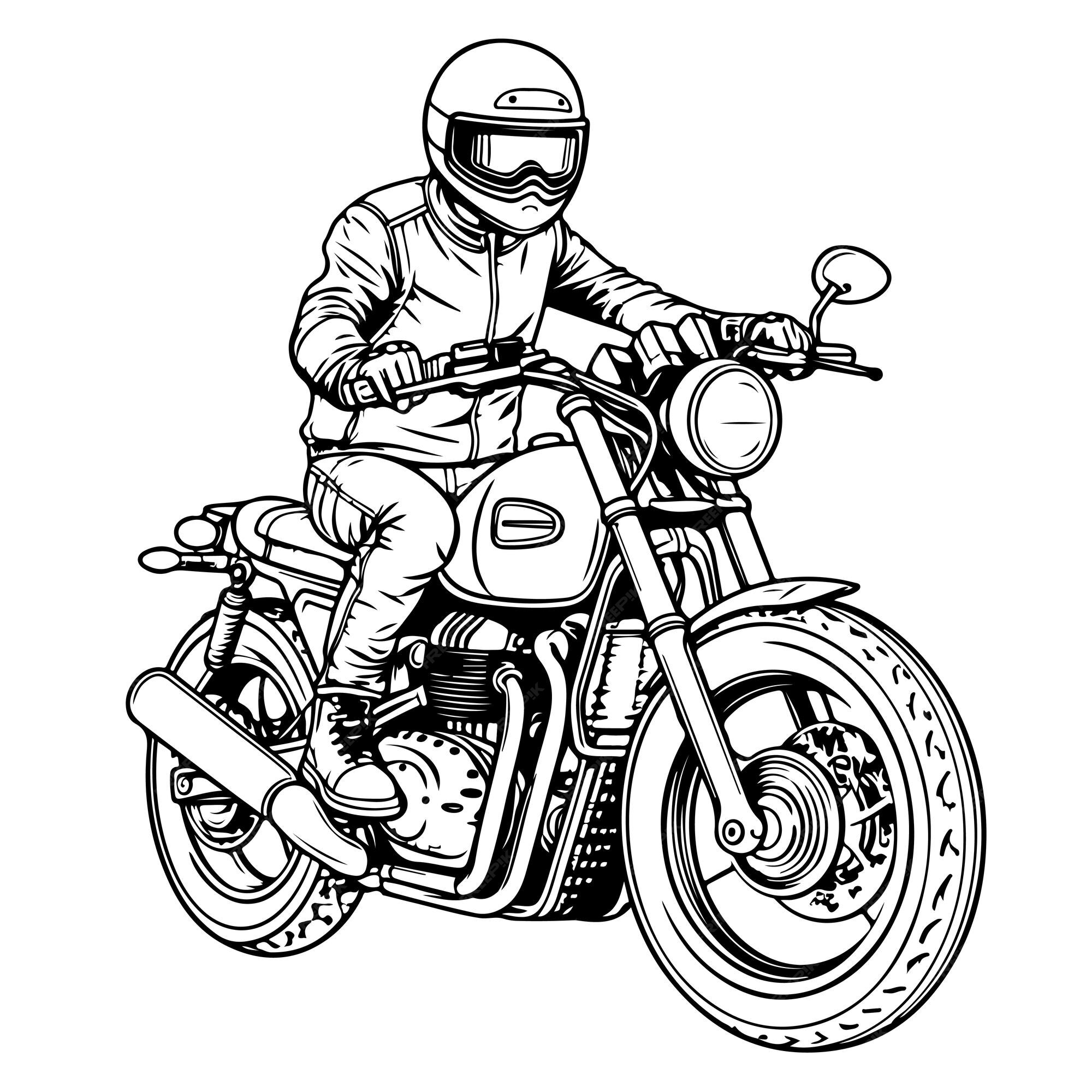 Esboço arte de linha única desenhada à mão página para colorir homem usa  motocicleta