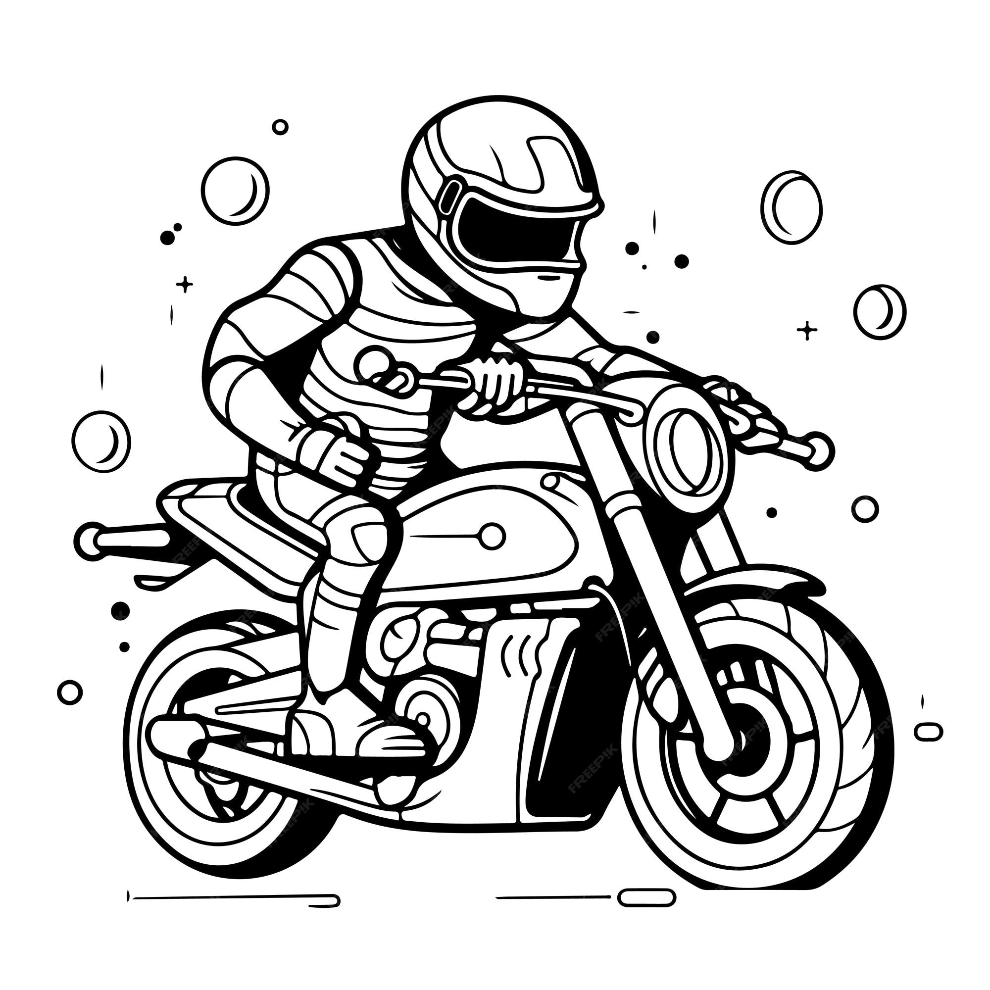 Esboço arte de linha única desenhada à mão página para colorir homem usa  motocicleta