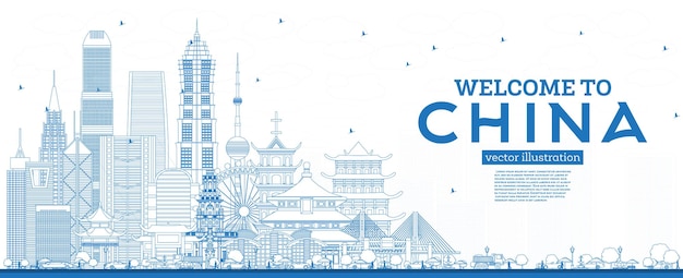 Esboço bem-vindo ao horizonte da china com edifícios azuis. marcos famosos na china. ilustração vetorial. viagem de negócios e conceito de turismo com arquitetura moderna. china cityscape com pontos de referência.