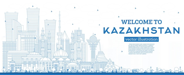 Vetor esboço bem-vindo ao horizonte da cidade do cazaquistão com edifícios e reflexões azuis