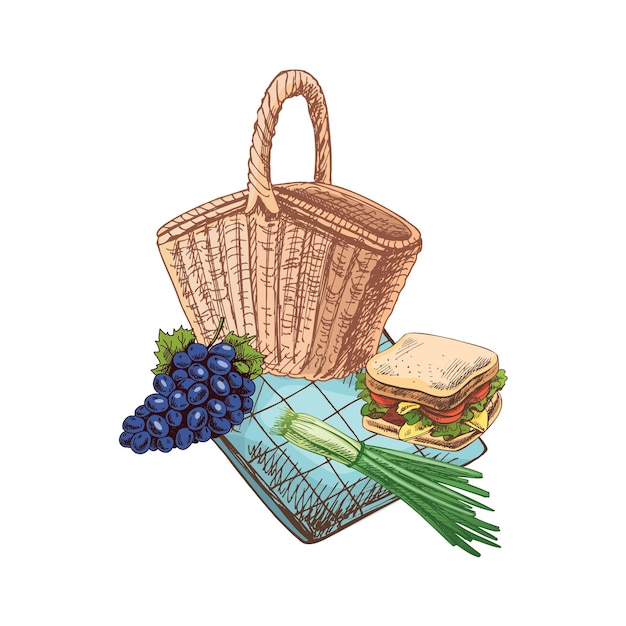 Vetor esboço colorido desenhado à mão de elementos de churrasco e piquenique sanduíche de cesta de piqueniques