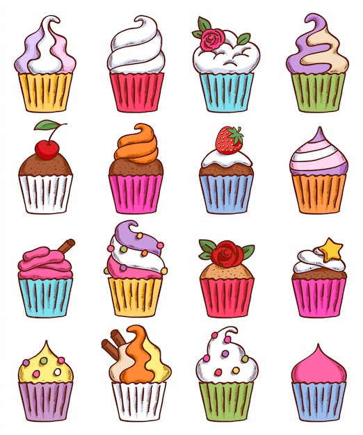Esboço colorido doodle conjunto de cupcakes de estilo mão desenhada