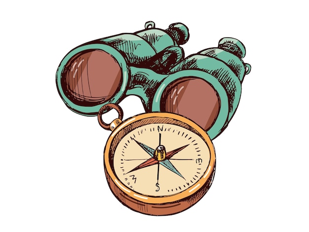Esboço colorido e monocromático desenhado à mão de binóculos e bússola Ilustração vetorial vintage