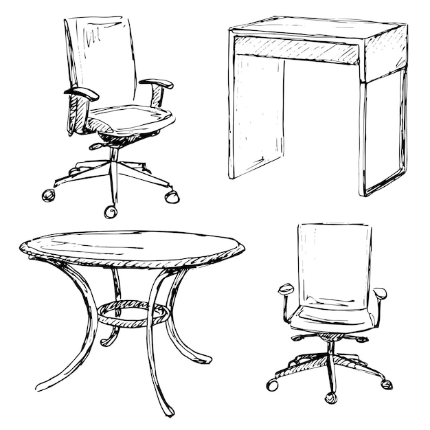 Esboço conjunto móveis isolados. cadeiras e mesa diferentes. mobília linear preta sobre fundo branco. ilustração vetorial.